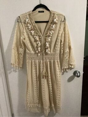 Boho Cream Crochet Midi Dress with Tassel Pom Pom Trim